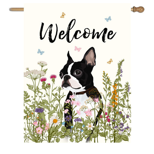 DZGlobal Floral Boston Terrier Garden Flag 28 x 40 Double Sided Multicolored Flower Dog Yard Flag for Outdoor Welcome