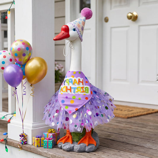 ViQuHaT Birthday Goose Garden Statue with Party Outfit, Cute Outdoor Decor