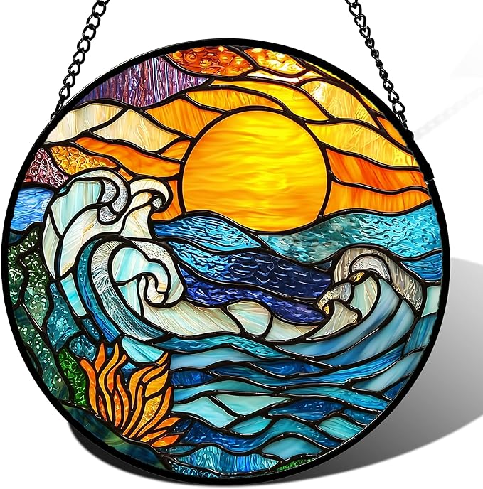 Stained Glass Window Hanging, Orange Sun Blue Sea Waves Landscape Suncatcher for Doors Window Home Sun Catchers Decor Mother's Day Birthday Gifts for Women, Men Mom 6.3 in