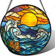 Stained Glass Window Hanging, Orange Sun Blue Sea Waves Landscape Suncatcher for Doors Window Home Sun Catchers Decor Mother's Day Birthday Gifts for Women, Men Mom 6.3 in