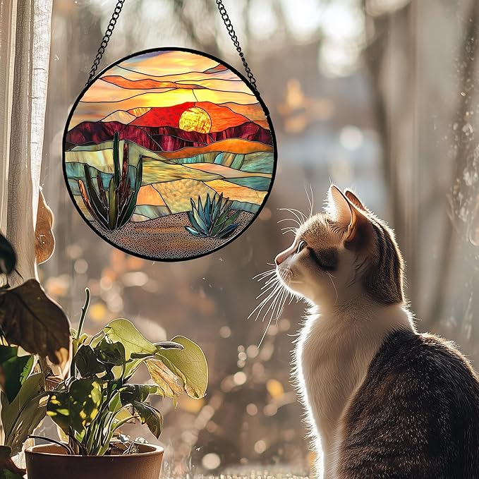 Stained Glass Window Hanging, Golden Landscape Dusk Sunset Suncatcher for Doors Window Home Cactus Sun Catchers Decoration Mother's Day Birthday Gifts for Women, Men, and Mom 6.3 in