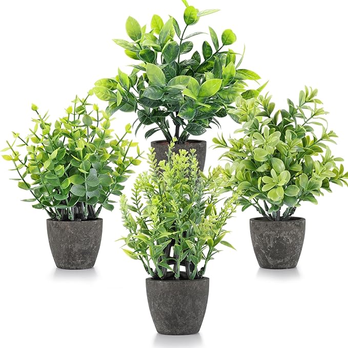 FAVOWREATH 4 Pack Fake Plants Ceramic Mini Artificial Greenery Potted Plants for Home, Office, Room, Farmhouse, Indoor Table, Bathroom Decor