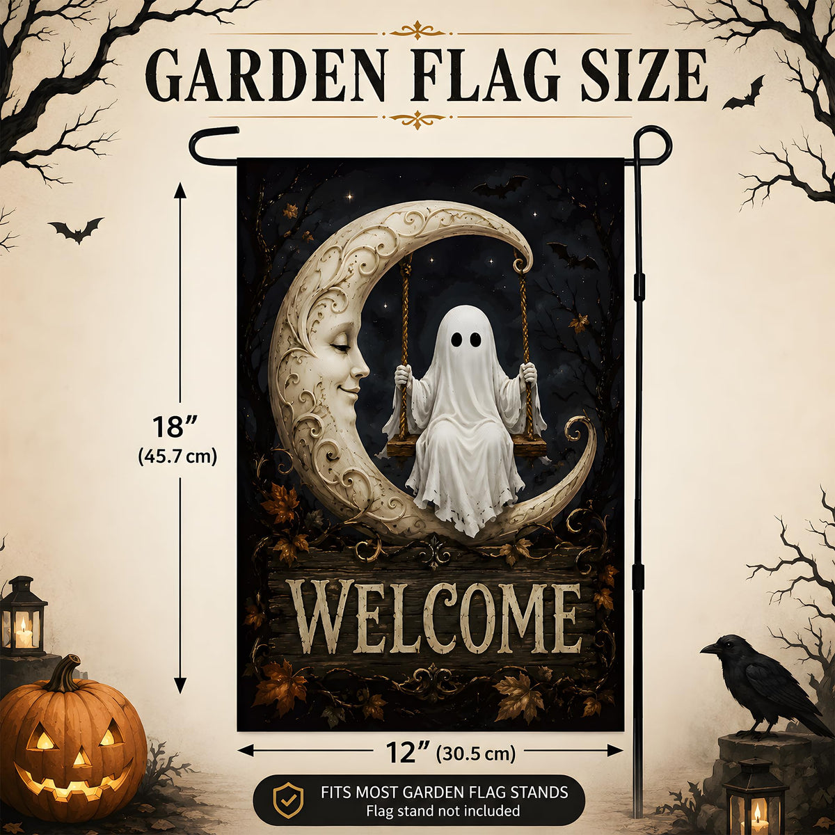 Halloween Decorations - Ghost Swinging on Moon Welcome Garden Flag