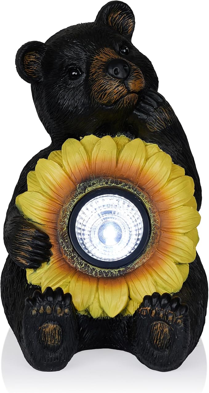 Alpine Corporation 16" H Outdoor Solar Powered Bear Statues with Sunflower LED Light, Brown/Yellow