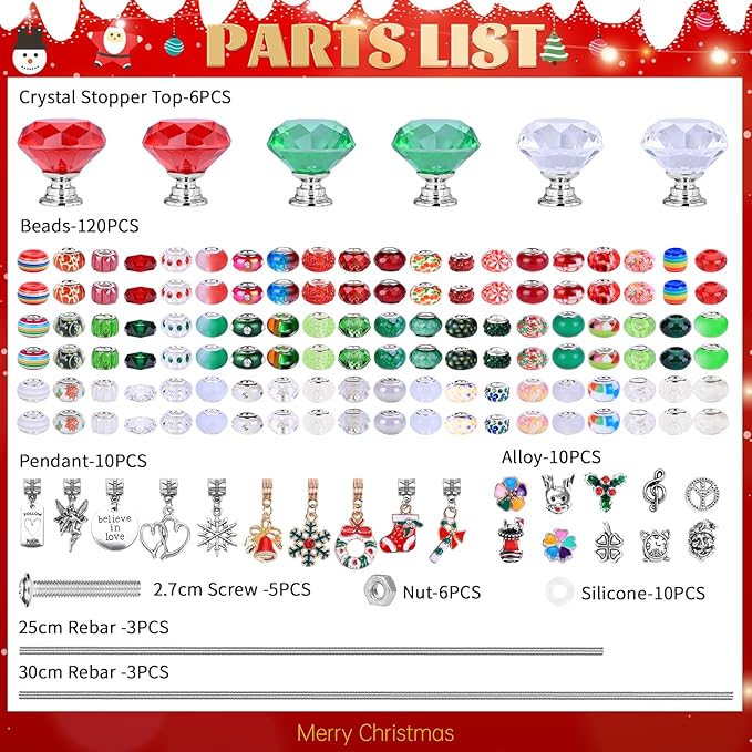 DIY Fairy Wand Garden Beads Stakes Wands Kit,Multiple Color Scheme European Beads Crystal Diamond Tops and 12 or 10 Inch Threaded Rods,Stainless Steel Stakes with Diamond Toppe(red+green+white)