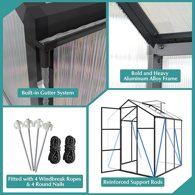 6x6 FT Greenhouse,Outdoor Greenhouse W/ Roof Vent,Walk-in Aluminum Polycarbonate Green House W/ Drainage System & Ground Nails,Green Houses for Outside Garden,Backyard,Patio,Lawn,Black