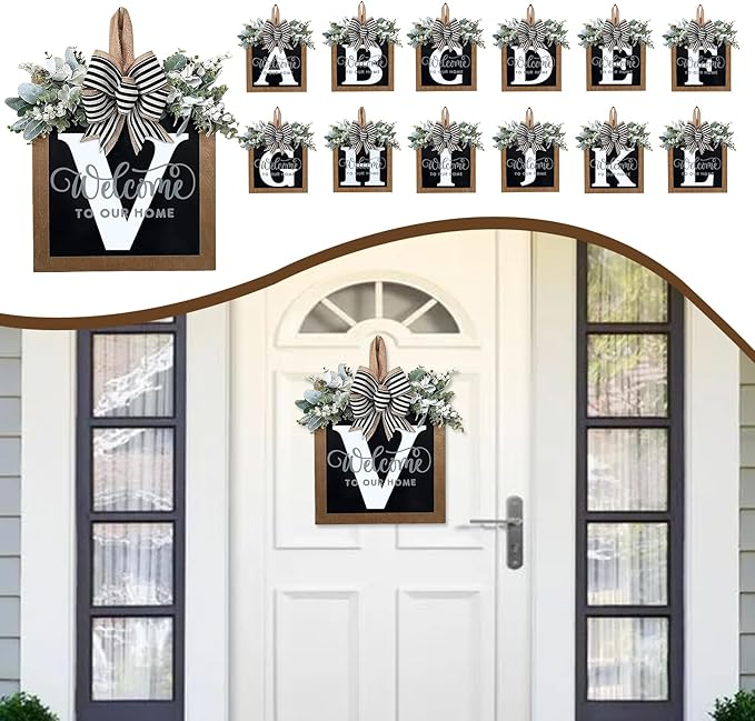 Ultra Large 14'' Last Name All Year Round Front Door Wreath with 26 Initial Letter Welcome Sign All Seasons Eucalyptus Garland and Bow Wreaths for Front Door Porch Farmhouse Decoration (V)