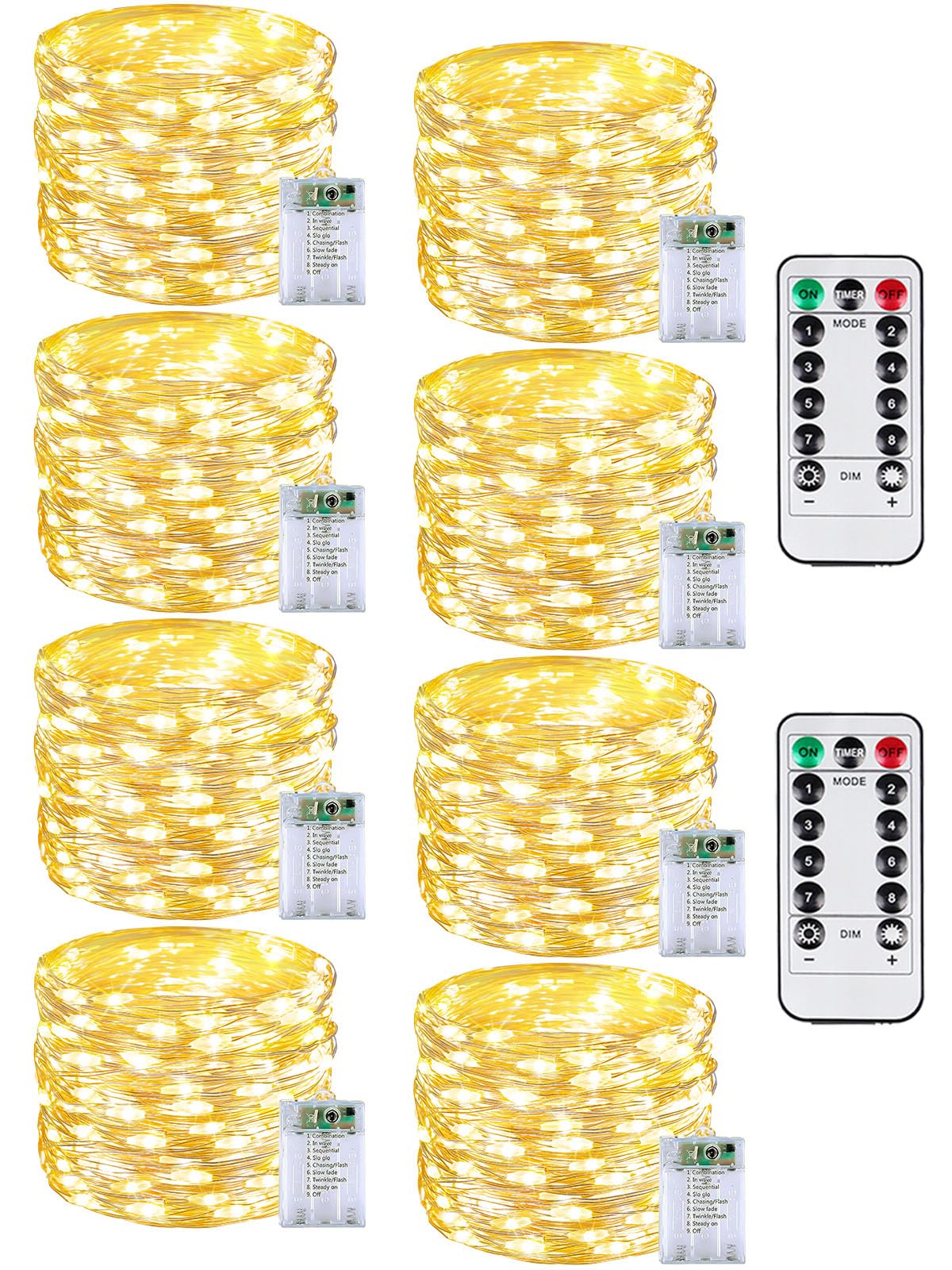 8 Pack 60 LED Fairy Lights Battery Operated with Remote, 20 FT Warm White