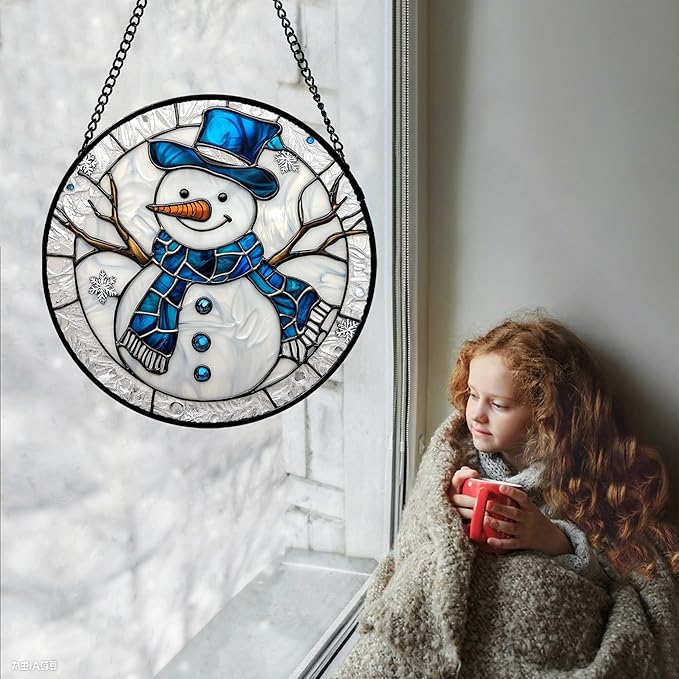 DASTOLL Stained Glass Window Hanging Christmas Snowman Blue White 9.8" - Suncatcher Door Garden Sun Catcher Home Decor Birthday Mother's Day Xmas Gift for Mom Men Woman Her Nana Parents Girl