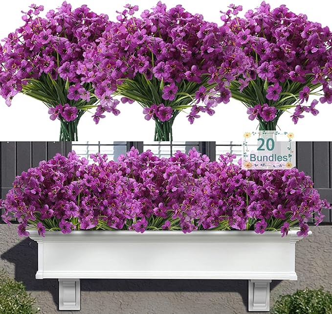 20 Bundles Artificial Flowers for Outdoors, UV Resistant Fake Realistic Flowers with Plastic Plants Spring Decor, Faux Silk Flowers for Outside Window Box Front Porch Planter Decor-Purple