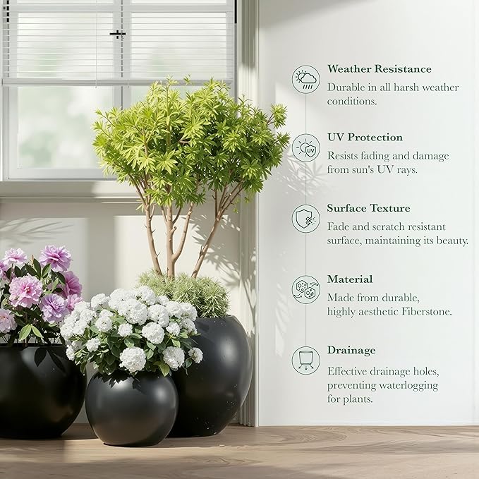 DTY Signature Mount Sherman Modern Indoor Outdoor Fiberstone Sphere Planter, Durable Round Garden Pot, Weather Resistant, Drainage Hole & Rubber Plug - Medium, Black