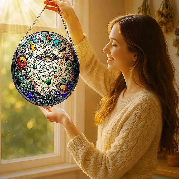 Stained Glass Window Hanging, LAOWEIKI 8'' UFO&Alien Suncatcher, Stained Glass Ornament, Suncatchers for Windows Hanging, Window Decor, Outdoor or Indoor, Gifts for Friends, Art Lover, Astronomer