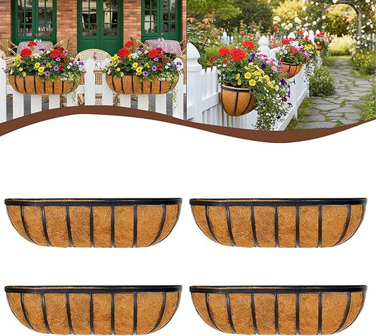 4 Pcs 16“ Railing Planter Window Box Deck Railing Planters Boxes with Coco Liner English Horse Trough Planters Metal Wall-Mounted Planter Basket for Outdoor Balcony Porch Fence Patio Rail