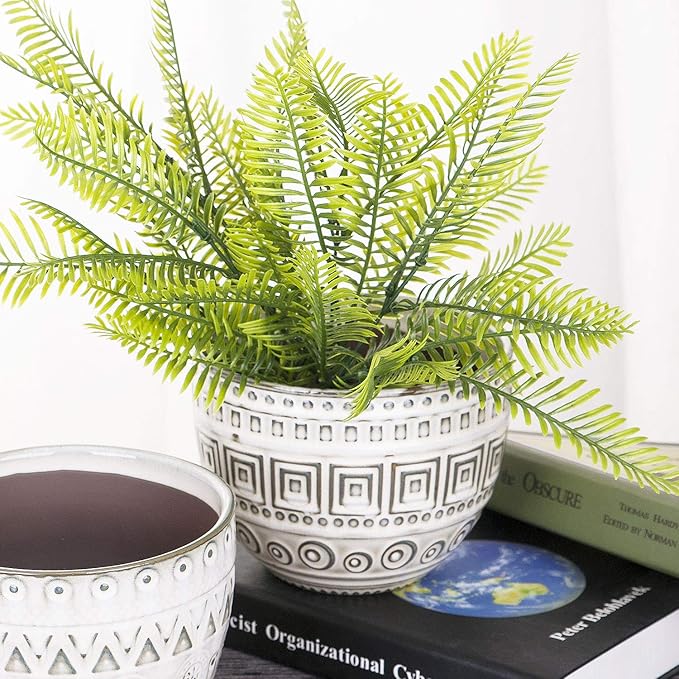 VanEnjoy 5.5 inch Large Round Bohemian Style Ceramic Planter, Geometry Engrave Off White Brown Succulent Planter Flower Pot, Indoor Outdoor Decorative Planter