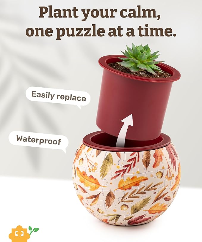 PieceRelax 3D Puzzle Planter 80 Pieces - Flower Pot - Dancing Leaves in Fall, Home Decor Flower Pots for Indoor Cactus, Succulents Pots [K1108]