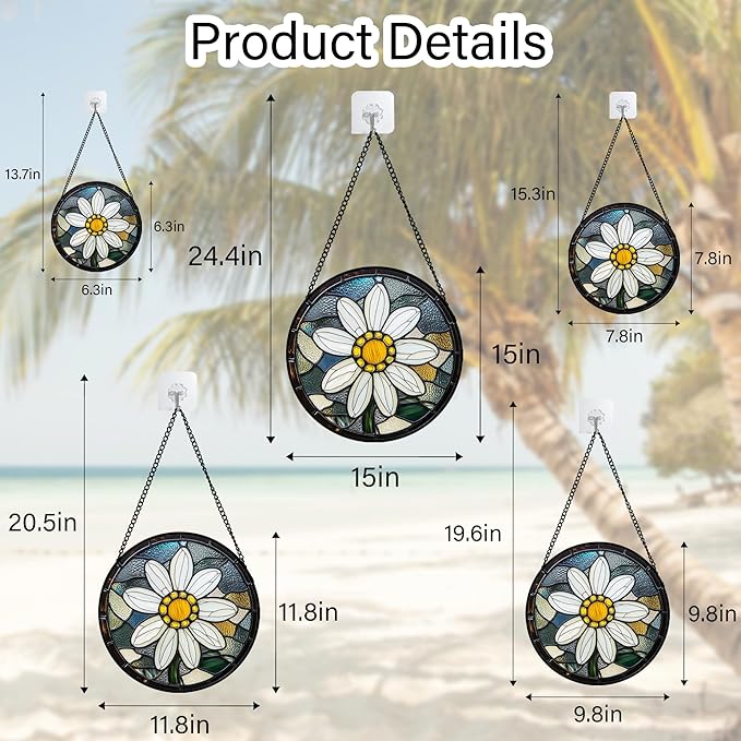 HWRHTR Stained Glass Window Hanging - Yellow White Daisy Birth Flower Suncatcher for Door Garden Yard Sun Catchers Decor Christmas Mother's Day Birthday Gifts for Teacher Women Mom Nana 7.8 in
