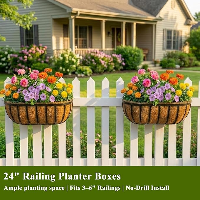 24 Inch Railing Planter Boxes 2 Pack Metal Window Box Planters with Coco Coir Liners, Horse Trough Planter with Adjustable Brackets for Deck Balcony Fence Porch Patio Outdoor Garden