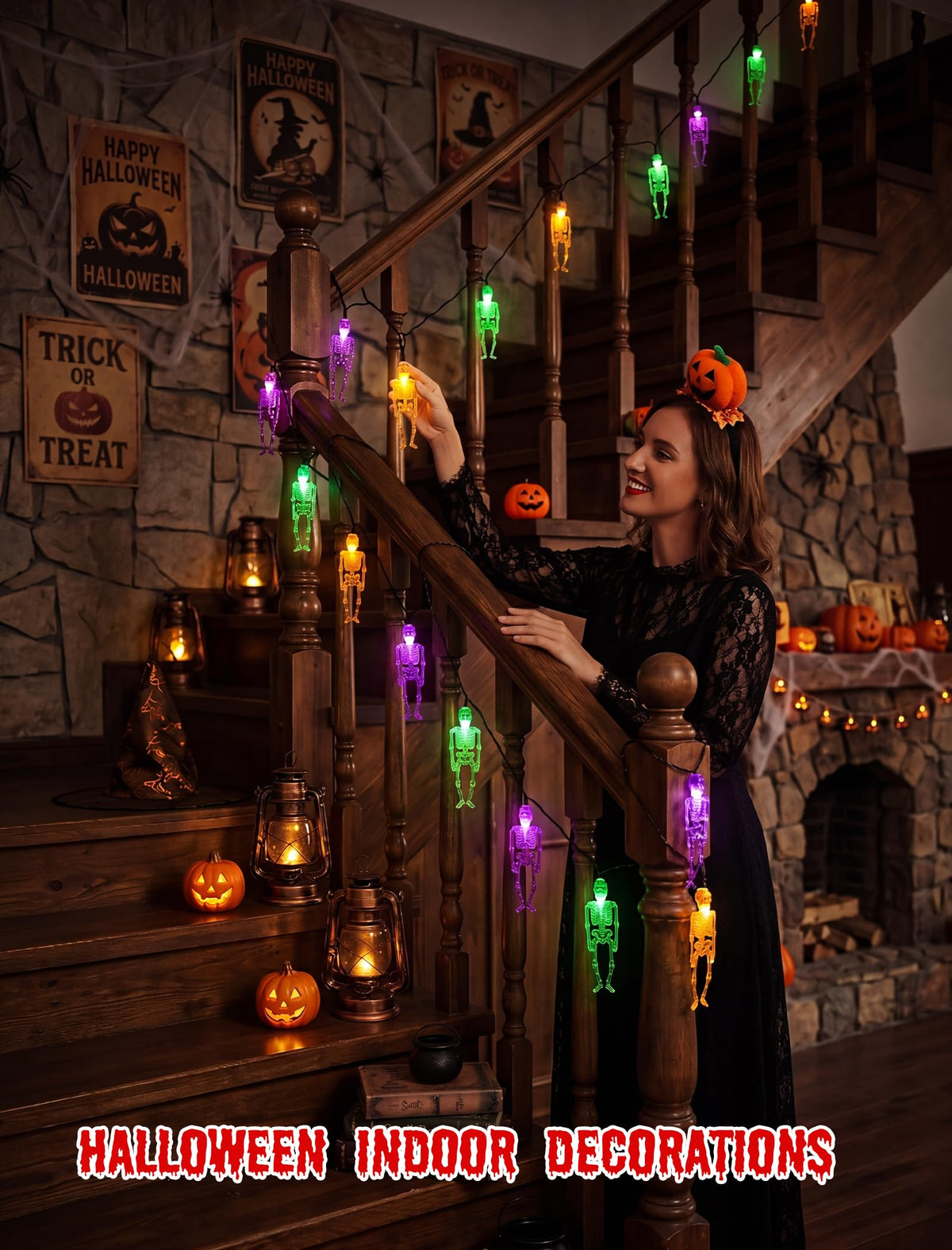 8.5FT Halloween String Lights Plug in with 10 LED Dropping Skeleton Lights