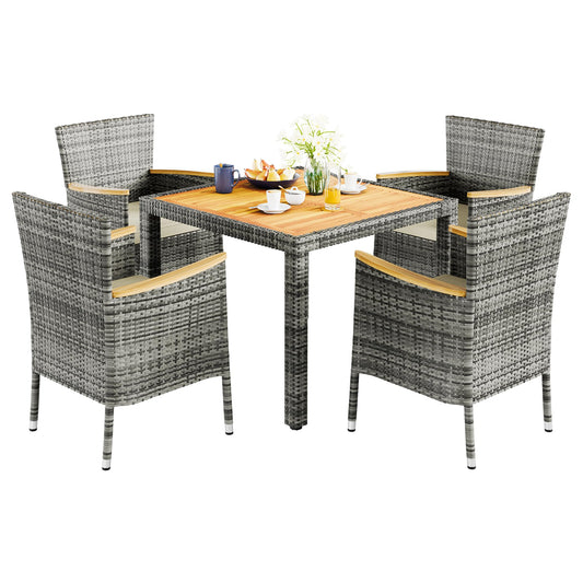 Vongrasig 5 Piece Small Patio Dining Set, Space-Saving Outdoor Wicker Furniture Conversation Set with Wood Table and Cushioned Rattan Chairs for Lawn, Garden, and Backyard (Gray)