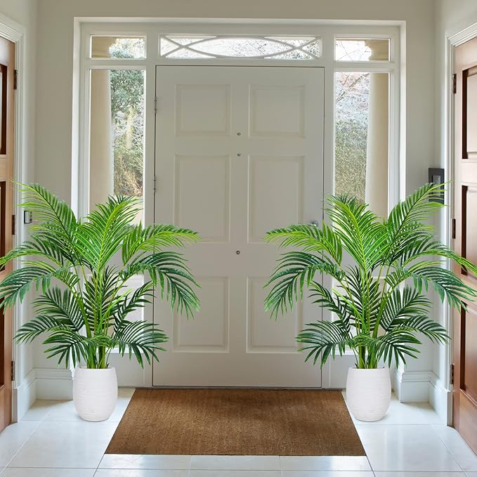 Worth Garden 4ft Artificial Areca Palm Plant 2 Packs in Pot, Fake Cane Palm Silk Tree Indoor Outdoor, Dypsis Lutescens, 47in Lifelike Faux Silk Plant Home Decor, Two Linen Bags Included