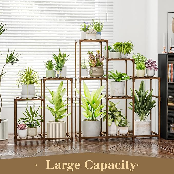 Bamworld 2 Sets Plant Stands Indoor Tall Shelves Outdoor for Multiple Flowers 10 Pots Wooden Rack for Living Room Balcony Garden