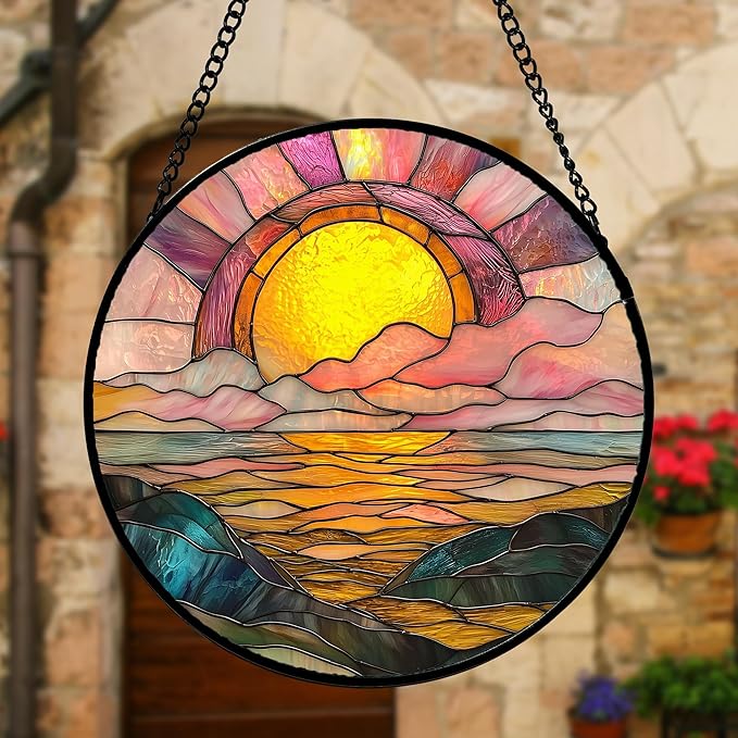 DASTOLL Stained Glass Window Hanging, Sunrise Over The Sea Suncatcher Diamond Glass Panel Hangings Abstract Sun Catchers Decor for Birthday for Women, Men, Wife, Aunt, and Mom 11.8 in