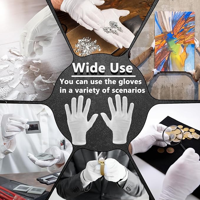 12 Pairs White Cotton Gloves Soft Hand Gloves Dust-Free Work for Men Women Art Crafting, Jewelry Handling, BBQ, Eczema Care, Coin Jewelry Watch Inspection, Dry Hands Sleeping, Archiva, Medium
