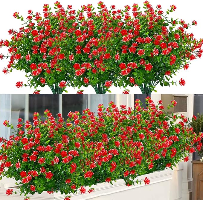 ArtBloom 24 Bundles Outdoor Artificial Flowers UV Resistant Fake Boxwood Plants, Faux Greenery for Indoor Outside Hanging Plants Garden Porch Window Box Home Wedding Farmhouse Décor (Red)