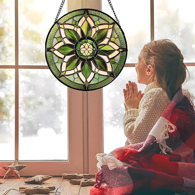 HWRHTR Stained Glass Window Hanging - White Green Boho Flower Suncatcher for Doors Window Home Sun Catchers Decor Christmas Mother's Day Birthday Gifts for Teacher Women Men Mom Nana 7.8 in