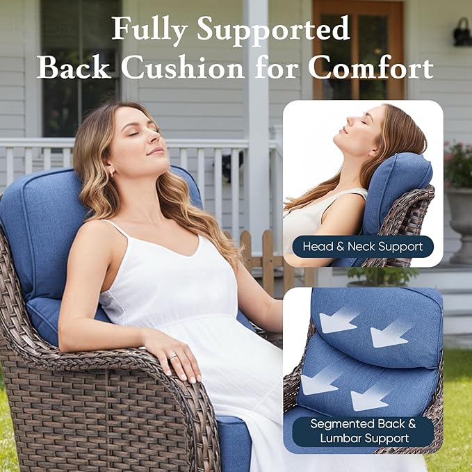 Belord Luxury 6" Thick Cushioned 5 Pieces Patio Furniture Set with Fire Pit Table, Wicker Outdoor Conversation Set with High Back Swivel Rocker Chairs for Deck Porch Yard and Poolside - Brown+Blue