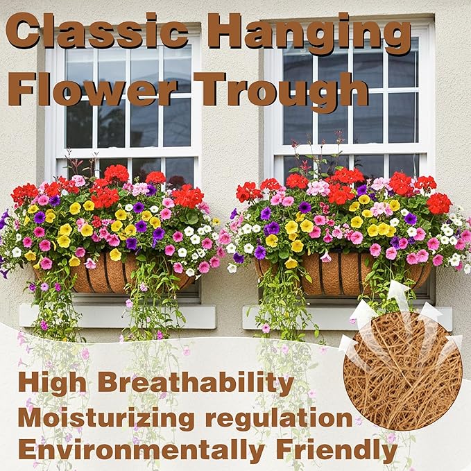 2 Pcs 24“ Railing Planter Window Box Deck Railing Planter Boxes with Coco Liner English Horse Trough Planters Metal Wall-Mounted Planters Basket for Outdoor Balcony Porch Fence Patio Rail