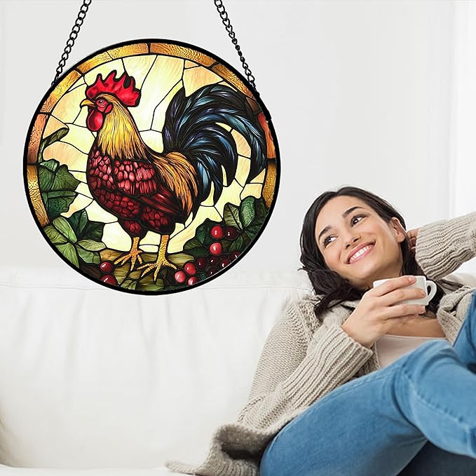 AMDERVEN Stained Glass Window Hanging, Colorful Big Cock Sun Catcher for Window Door Home Decor, Chicken Suncatcher Christmas Mother's Day Birthday Gifts for Women Men Mom and Nana 7.8 in