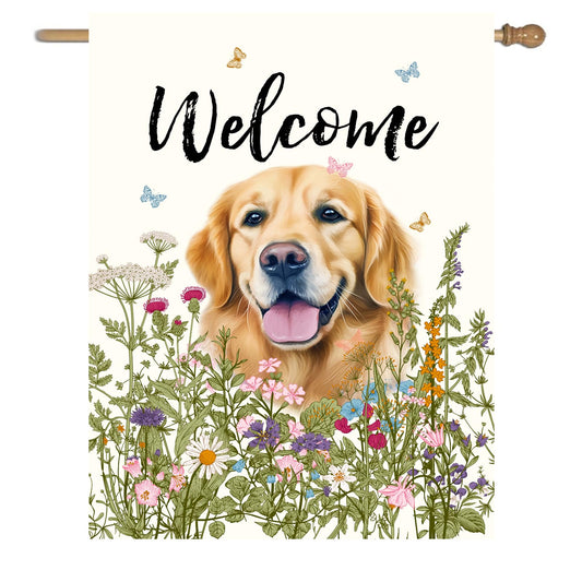 Floral Golden Retriever Garden Flag Spring Summer House Flags 28 x 40 Double Sided Flower Dog Yard Flags for Outside Large Outdoor Welcome Flags