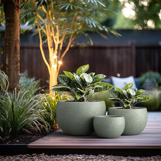 Kante 19.9",15.7",11.8" Dia Round Concrete Planter Set of 3, Outdoor/Indoor Large Bowl Plant Pots with Drainage Hole and Rubber Plug for Garden Patio Balcony Home, Mint Green