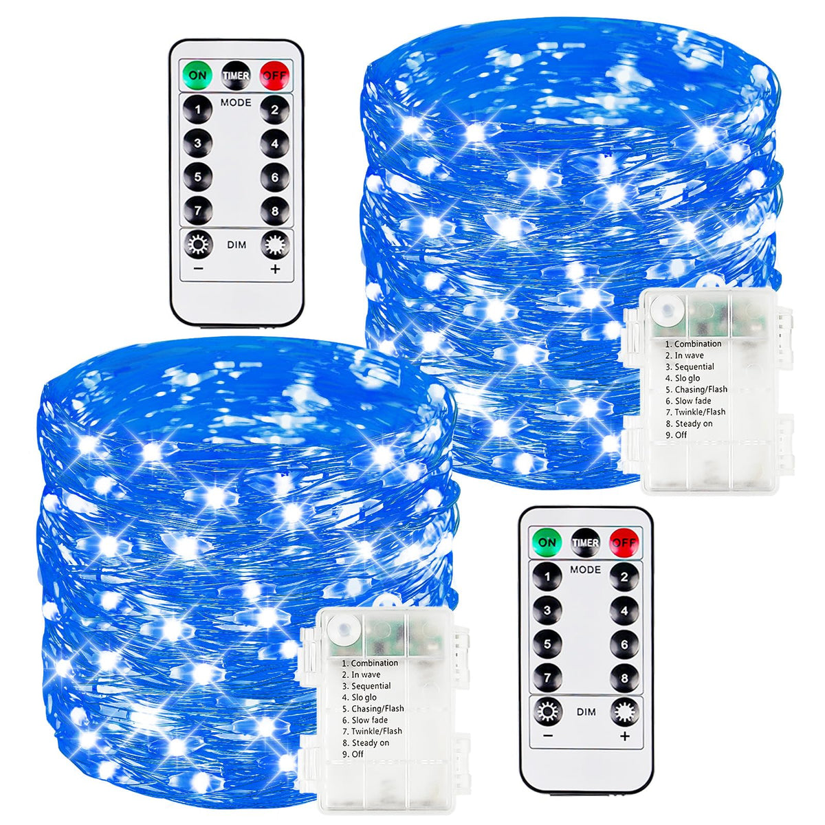 2 Pack 100 LED Fairy Lights Battery Operated with Remote Timer, 33 FT Blue