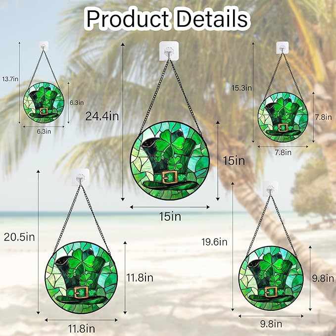 QZQCBLC Stained Glass Window Hanging Green Lucky Clover Hat 9.8" - Suncatcher Door Garden Sun Catcher Ireland Decor Birthday Mother's St. Ripack's Day Gift for Woman Mom Men Friend Nana Wife
