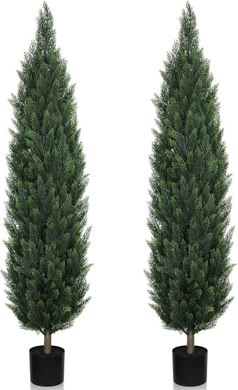 5FT Artificial Cedar Topiary Trees, UV-Resistant Topiary Trees Artificial Outdoor for Front Porch Decor, Realistic Outdoor Fake Pine Plants for Patio Garden Balcony Backyard Indoor Office, Set of 2