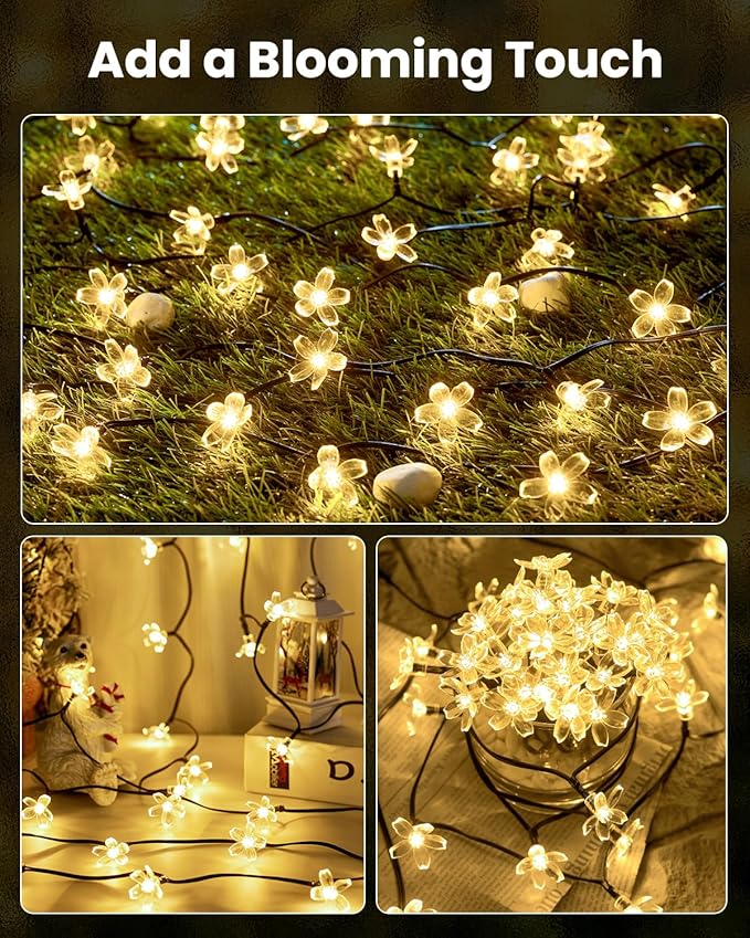 Brightown 60 LED Solar String Lights Flower Outdoor Waterproof Fairy Lights for Garden Yard Fence Patio Christmas Tree Wedding Party Decor, Warm White