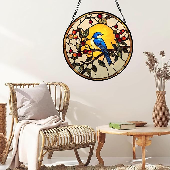 Stained Glass Window Hanging Blue Bird On A Branch Large 11.8" - Retro Suncatcher Door Garden Sunroom Sun Catcher Home Decor Birthday Christmas for Mom Men Woman Nana