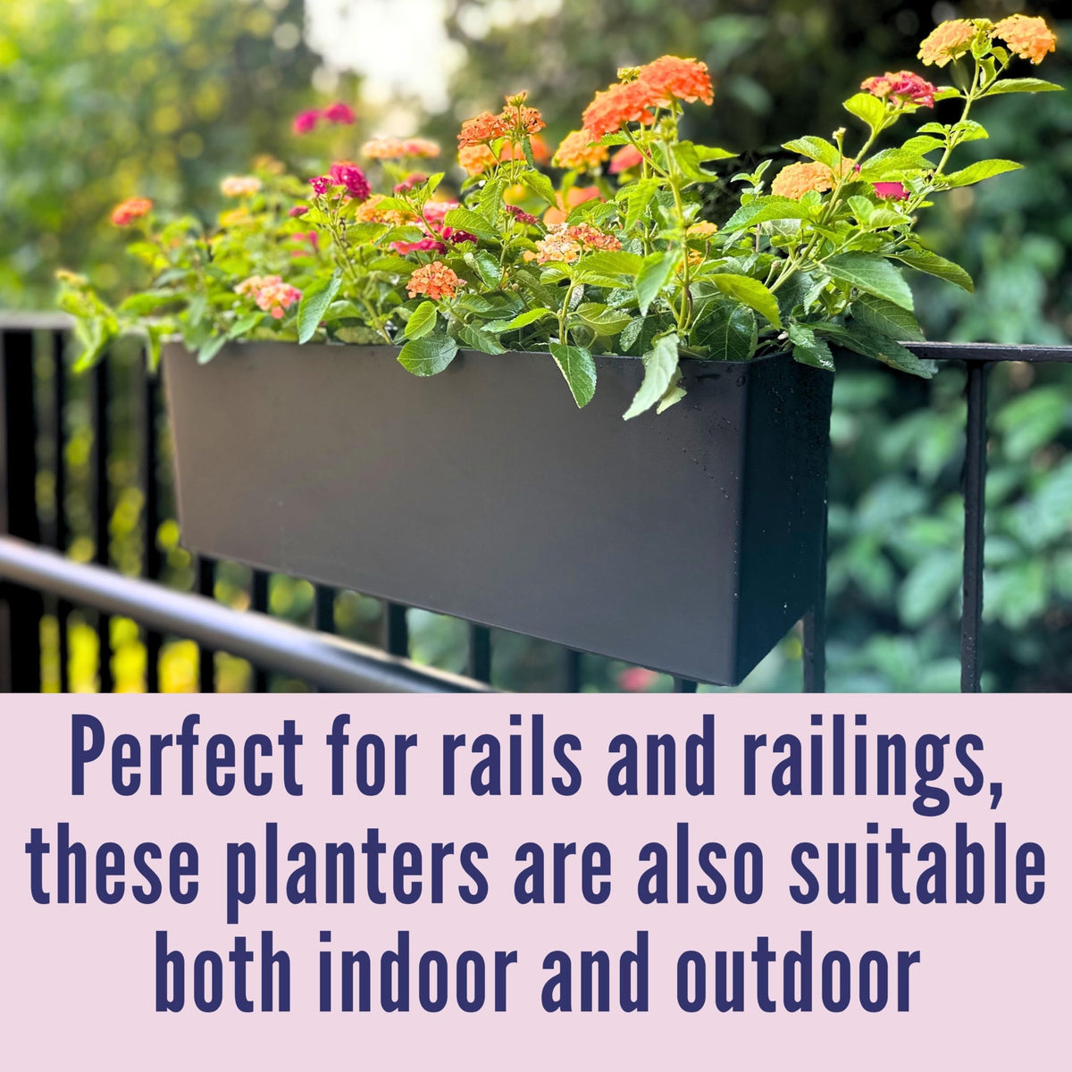 LaLaGreen Railing Planter Boxes (14 Inch, 2 Pack) Self-Watering Window Box Planters with Brackets, Rectangular Hanging Flower Pots for Balcony Deck Fence, Outdoor Herb Garden Plastic Planters Black