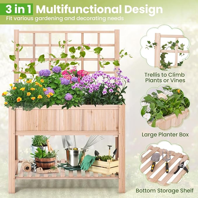 S AFSTAR Raised Garden Bed with Trellis, 42x21x58in Elevated Planter Box with Legs, Bottom Storage Shelf, Planter Liner, Wood Standing Planter Stand for Climbing Plants Flowers Vegetables Herbs