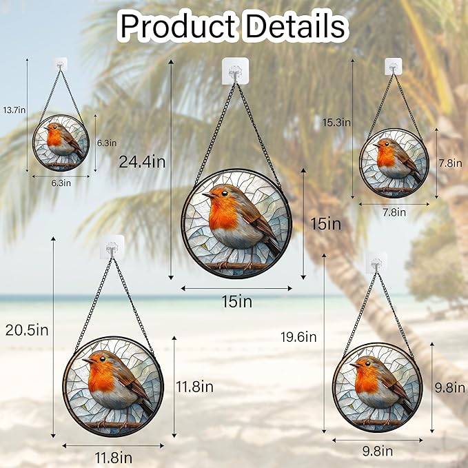 AMDERVEN Stained Glass Window Hanging - Orange Grey Robin Sun Catcher for Door Garden Home Decor Bird Lovers Suncatcher Christmas Mother's Day Birthday Gifts for Women Men Mom Nana 9.8 in