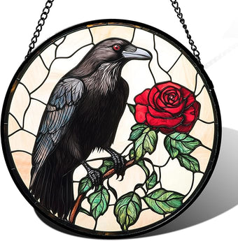 Stained Glass Window Hanging - Black Crow Red Rose Suncatcher for Doors Garden Patio Bird Sun Catchers Decor Christmas Mother's Day Birthday Gifts for Women Men Mom Nana Friend 15 in