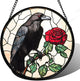 Stained Glass Window Hanging - Black Crow Red Rose Suncatcher for Doors Garden Patio Bird Sun Catchers Decor Christmas Mother's Day Birthday Gifts for Women Men Mom Nana Friend 15 in