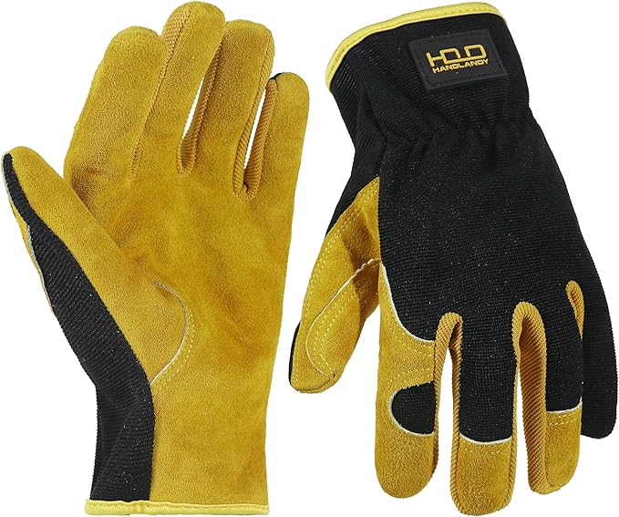 HANDLANDY Men Leather Gardening Gloves, Utility Work Gloves for Mechanics, Construction, Driver