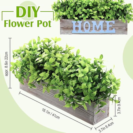 Lyrow 2 Pack Artificial Eucalyptus Plant in Rectangular Rustic Wooden Planter Box Faux Potted Herb Plant Table Centerpiece for Kitchen Windowsill Shelf Decor (White,16 '')