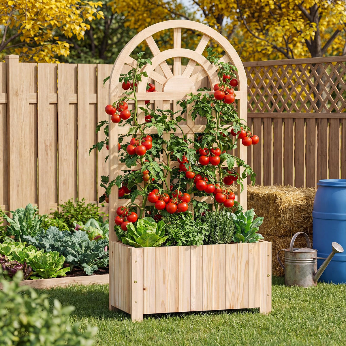 Happygrill Wooden Raised Garden Bed with Trellis & Privacy Screen
