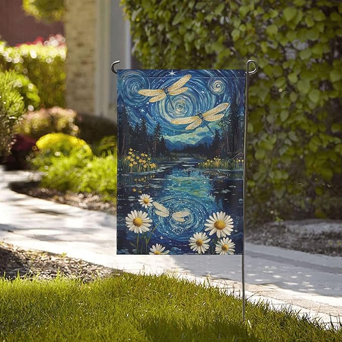 Night Dragonflies Garden Flag 12x18 Inch Double Sided All-Weather Polyester Outdoor Flag For Patio Lawn Yard And Garden Welcome Decor