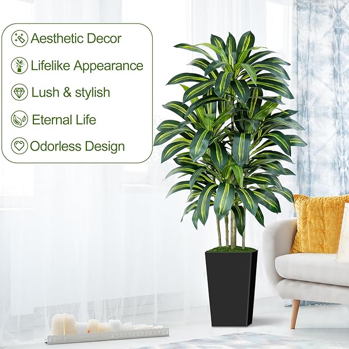 Keeplush 5FT Artificial Dracaena Tree - High-Density Foliage Fake Plant with Black Tall Planter - Faux Yucca Floor Plant for Home Office Decor Indoor
