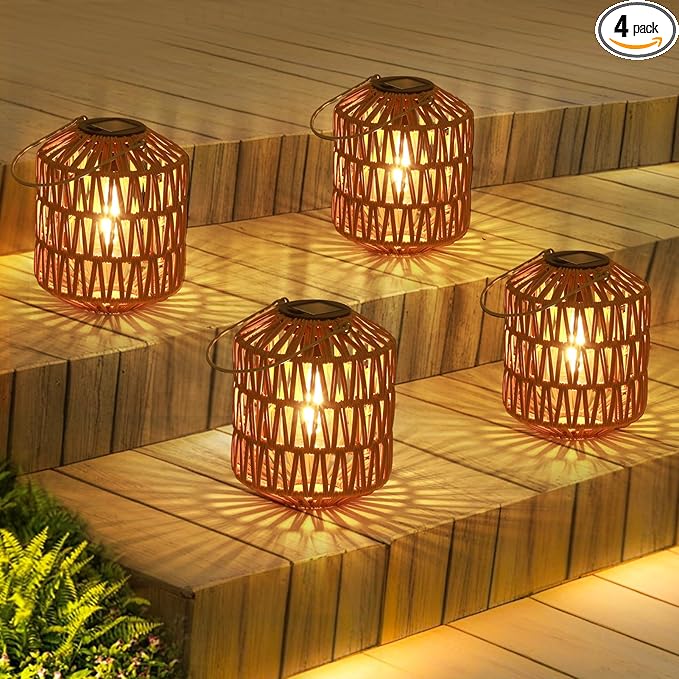 Rattan Solar Lights, 4 Pack Solar Lanterns Outdoor Waterproof, Outdoor Lights for Yard, Hanging Lantern with Handle, Decorative Lanterns for Garden, Tabletop, Tree Lighting (Bulbs Included)